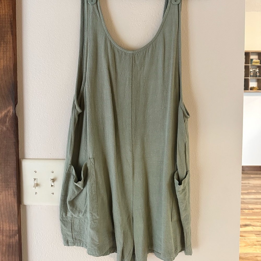 Three Bird Nest Olive Green Romper with Pockets